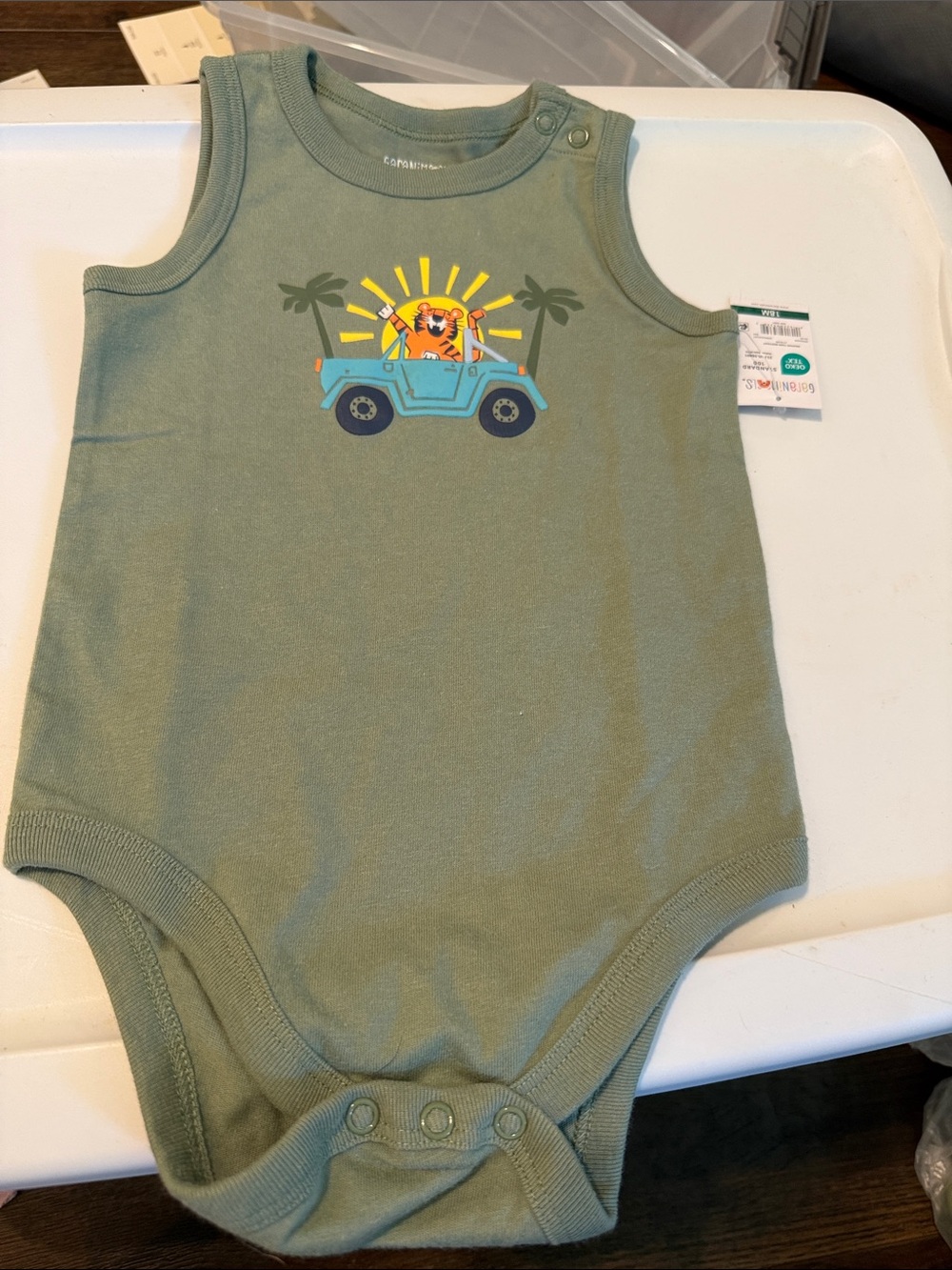 Carter's Olive Green Sleeveless Onesie with Blue Jeep Graphic